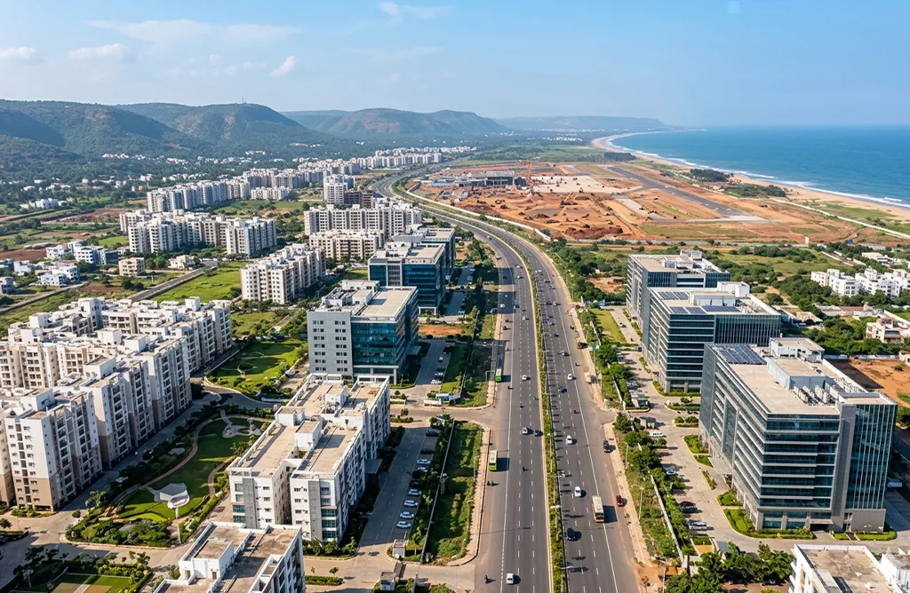 Aerial View of North Vizag Real Estate Corridor with New Developments, Gated Communities, and Expanding IT Hubs