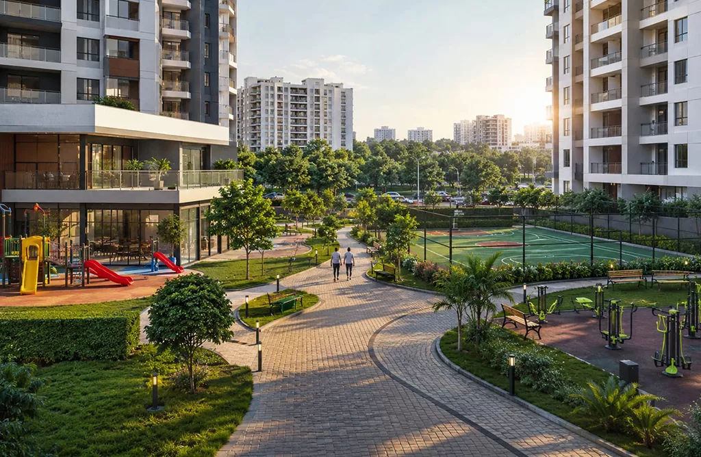 Modern Gated Community in Vizag with Landscaped Courtyard, Playground, and Fitness Amenities
