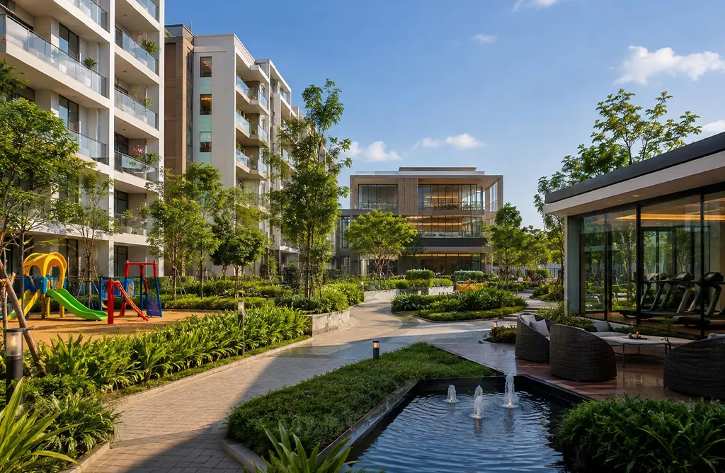 Premium Gated Community in Madhurwada Vizag with Landscaped Gardens, Water Feature, and GYM